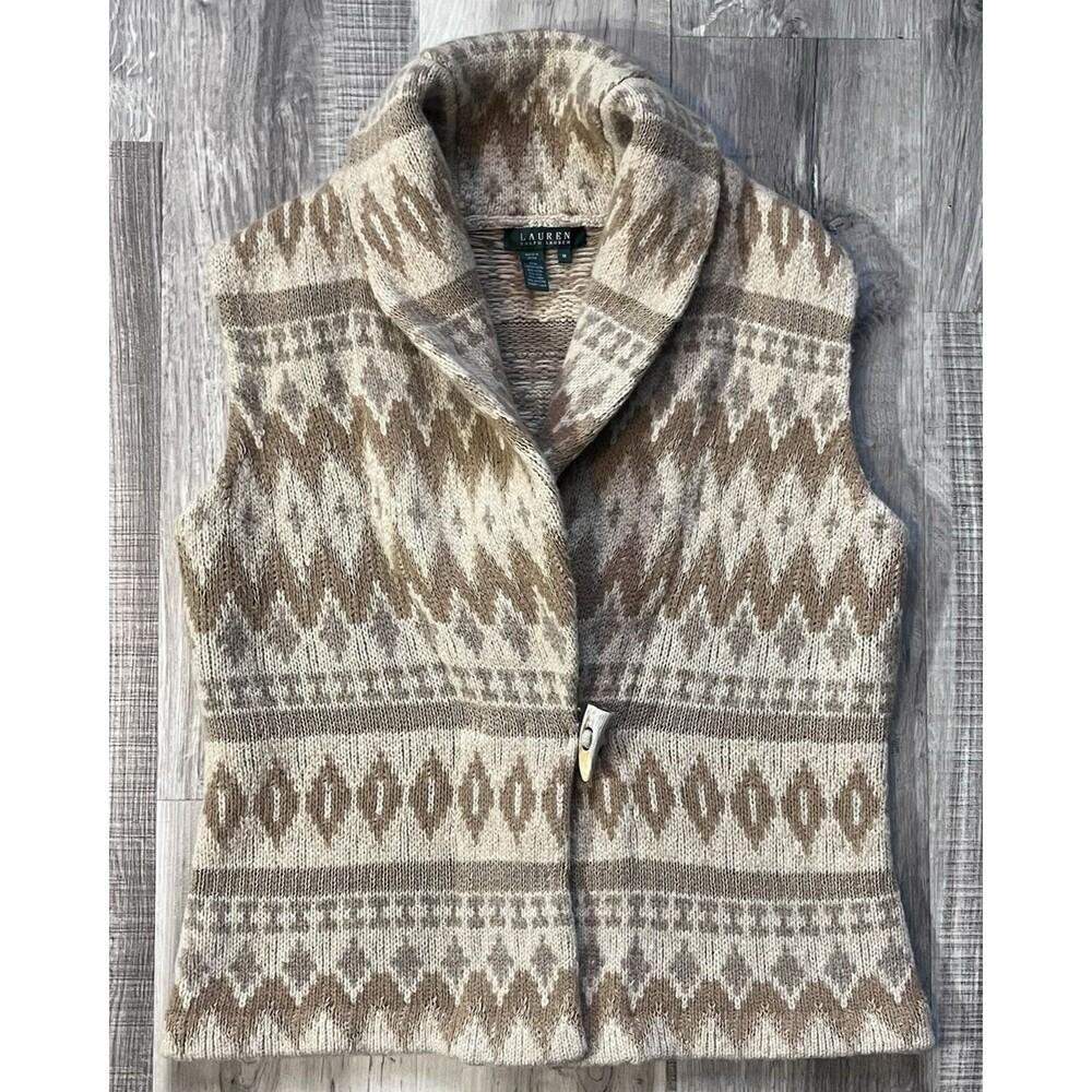 Lauren Ralph Lauren Women's Medium Southwestern Aztec Lambswool Angora Wool Vest